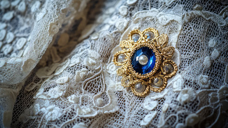 Close-up of an exquisite blue gemstone brooch adorned with pearls, set against delicate lace. Ideal for showcasing vintage jewelry craftsmanship and style.の素材