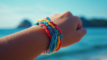 A vibrant and colorful handcrafted wristband is shown against a beautiful beach backdrop. The scene captures the essence of summer and relaxation, perfect for showcasing handmade accessories in a playful atmosphere.の素材