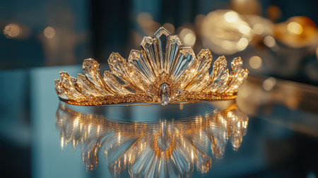A stunning golden tiara adorned with crystal accents, reflecting beauty and luxury on a polished surface, perfect for special occasions and fashion displays.の素材
