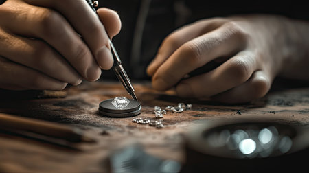 A jeweler meticulously examines exquisite gemstones with precision tools in a cozy workshop, highlighting craftsmanship and attention to detail in the art of jewelry design.の素材