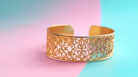 A stunning gold cuff bracelet featuring an intricate design, elegantly displayed against a vibrant pastel background. This jewelry piece highlights artistry and style.の素材