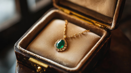 This sophisticated image showcases a stunning gold necklace featuring a captivating green gemstone pendant, elegantly displayed in a luxurious jewelry box.の素材