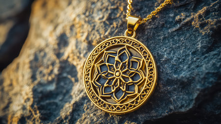 This captivating gold pendant features an intricate floral design, beautifully highlighting the elegance of jewelry artistry against a rugged stone backdrop.の素材