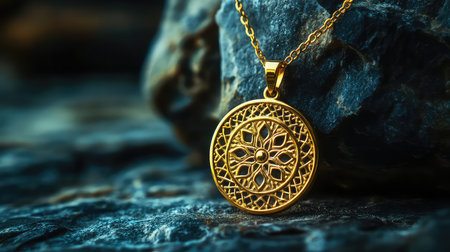 This stunning gold necklace features an intricate circular pendant elegantly set against a textured blue stone backdrop, showcasing exquisite craftsmanship.の素材