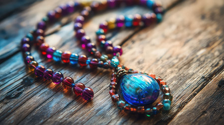 A vibrant glass bead necklace featuring a stunning colorful pendant rests elegantly on a rustic wooden surface, showcasing beauty and craftsmanship.の素材
