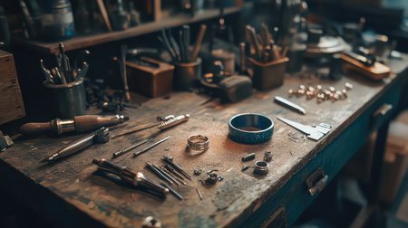 A vibrant artisan workshop featuring a variety of tools and unfinished jewelry pieces scattered across a wooden workbench, highlighting the intricate process of jewelry making.の素材