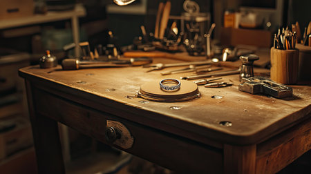 A beautifully crafted ring rests on a wooden surface in a charming workshop filled with artisan tools, showcasing the essence of craftsmanship and creativity.の素材