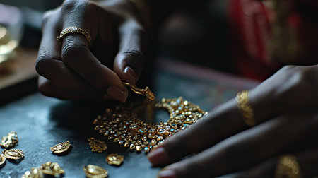 This enchanting image captures the delicate touch of hands as they inspect exquisite gold jewelry pieces, showcasing intricate designs and cultural heritage.の素材