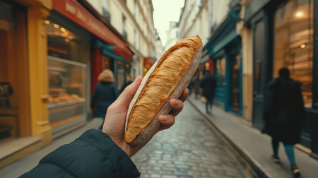 A person holds a freshly baked baguette while walking through a picturesque European street, showcasing vibrant culture and delicious food.の素材