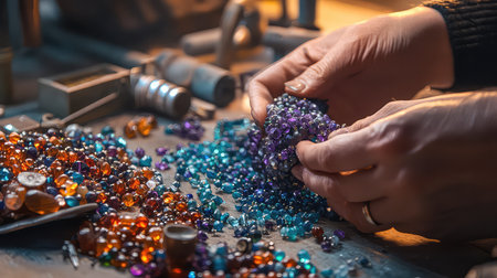 Close-up of skilled hands meticulously sorting vibrant natural gemstones on a rustic workshop table, showcasing the artistry and joy of crafting beautiful jewelry.の素材