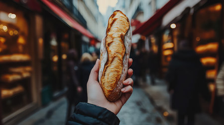 A close-up view of a person holding a freshly baked baguette in a lively European street, capturing the essence of local culture and culinary delight.の素材