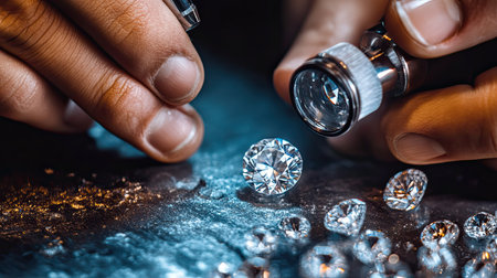 A jeweler's hands delicately inspect a stunning diamond using a loupe, highlighting the craftsmanship and clarity of these exquisite gems on a worktable.の素材