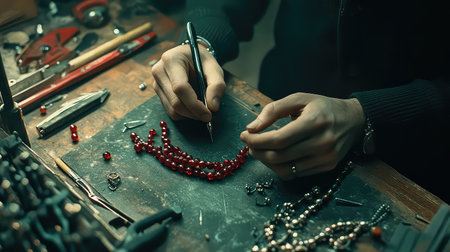 A focused artisan carefully assembles a striking piece of jewelry using vibrant red beads in a detailed workshop, showcasing meticulous craftsmanship and artistry.の素材