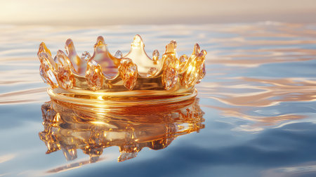 An elegant golden crown delicately floats on a tranquil water surface, reflecting the soft glow of sunrise. This serene and magical image captures beauty and luxury.の素材
