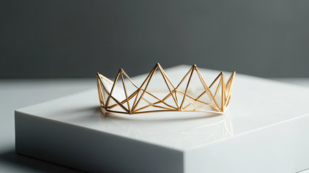Stunning geometric crown crafted in gold displayed on a minimalist pedestal, perfect for luxury branding, fashion campaigns, or elegant decor inspiration.の素材