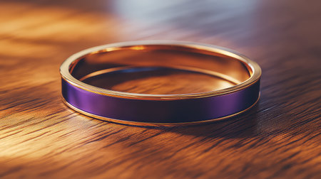 A beautifully crafted purple band with a gold accent rests on a warm wooden surface, capturing the light for an eye-catching jewelry display.の素材
