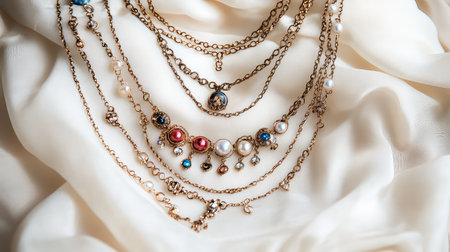 This stunning image features an elegant multilayered necklace arranged delicately on a soft cream fabric backdrop. The combination of pearls and gold chains creates a luxurious appeal, perfect for showcasing jewelry design.の素材