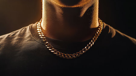 A striking close-up captures a man's neck with a shimmering gold chain under soft, dramatic lighting. The focus on details highlights the interplay of light on skin texture, evoking luxury and style.の素材