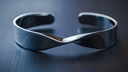 A stunning silver cuff bracelet with a wavy design showcased on a dark wooden surface, reflecting light and highlighting its artistic nature. Perfect for any occasion.の素材