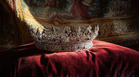 An exquisite vintage crown positioned elegantly on deep red velvet fabric, showcasing intricate craftsmanship and sparkling gemstones set against a soft-lit backdrop.の素材