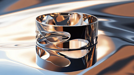 This image features an elegant artisanal silver ring with a unique cut-out design set against a reflective surface, highlighting its modern beauty.の素材