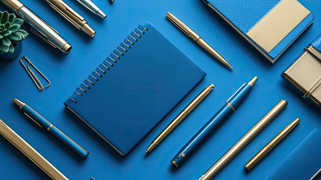 Discover a captivating arrangement of blue stationery items including pens and notebooks, perfect for inspiring creativity and productivity in any workspace.の素材