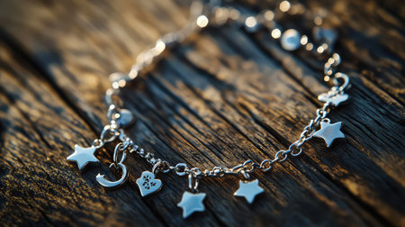 This exquisite silver charm bracelet features a collection of playful pendants including stars, a moon, and a heart, set on a rustic wooden background.の素材