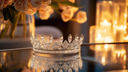 A stunning crystal crown resting on a reflective glass surface, surrounded by soft candlelight and delicate flowers, creating a romantic and elegant atmosphere.の素材