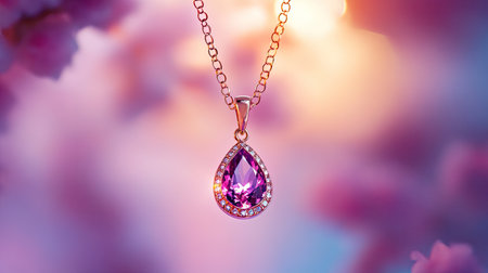 A stunning teardrop pendant necklace featuring a brilliant purple gem, set against a soft floral background. The delicate chain adds elegance and charm.の素材