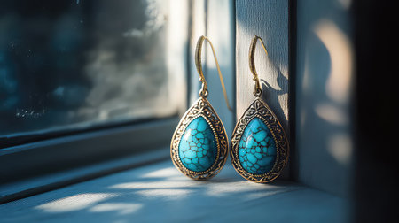 Discover the beauty of these elegant turquoise tear drop earrings, featuring antique gold detailing, beautifully lit by natural light. Perfect for any occasion.の素材