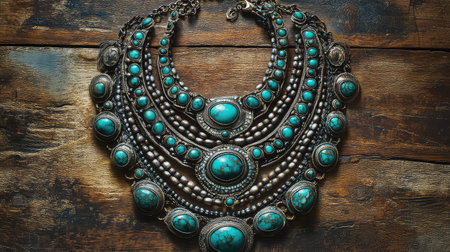 Close-up of an intricately designed turquoise necklace showcasing stunning silver detailing against a rustic wooden background, ideal for fashion and jewelry enthusiasts.の素材