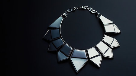 This image showcases a modern geometric necklace, blending black and silver tones to create a striking fashion accessory. Ideal for elegant outfits.の素材