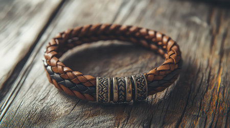 This handmade leather bracelet features a unique weaving pattern and decorative metal accents, perfect for casual or formal wear on any occasion.の素材