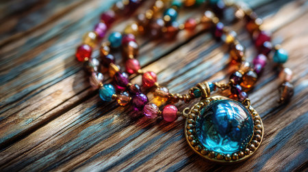 This beautiful handcrafted necklace features a vibrant array of colorful beads and an intricate pendant, set against a rustic wooden background.の素材