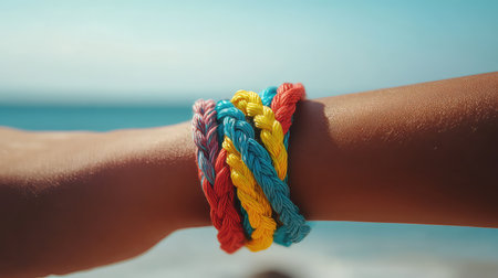 A stunning close-up of colorful braided wristbands resting on a sun-kissed arm, with a tranquil beach and ocean horizon in the background. Perfect for summer themes.の素材