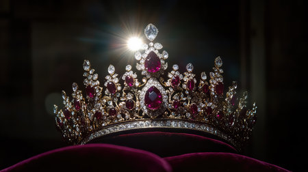 A stunning crown featuring vibrant rubies and shimmering diamonds captures the essence of royalty and elegance, highlighted by dramatic lighting effects.の素材