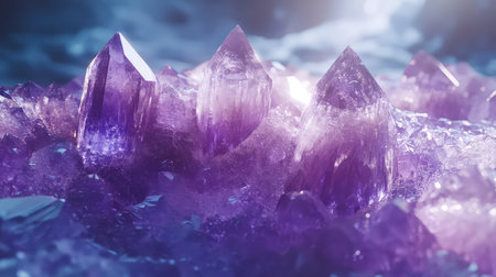 Captivating amethyst crystals create a stunning display of purple hues and intricate textures, illuminated by soft light against a serene backdrop.の素材