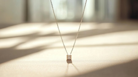 A stunning pendant necklace elegantly suspended over a soft surface, illuminated by warm natural light, creating beautiful shadow patterns and enhancing its allure.の素材