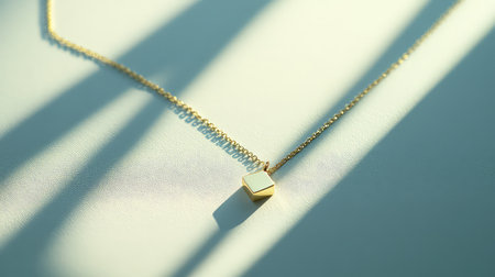 This stunning image features an elegant minimalist gold necklace with a geometric pendant. Soft shadows enhance its beauty on a light surface, perfect for showcasing luxury accessories.の素材