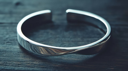 This elegant silver bracelet showcases a modern twist with its sleek curves and shiny finish, perfect for enhancing any outfit or look.の素材