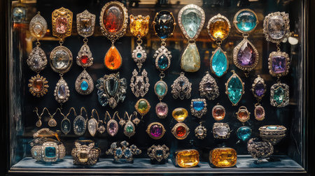 This image showcases a breathtaking array of vintage jewelry pieces, featuring an assortment of colorful gemstones arranged elegantly in a glass display.の素材