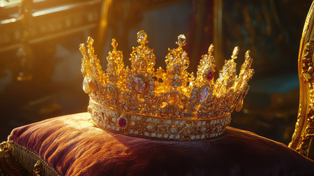 A stunning golden crown embellished with colorful gemstones rests elegantly on a rich velvet cushion, capturing the essence of royalty and luxury in a breathtaking setting.の素材