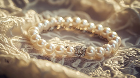 A stunning close-up image of a pearl bracelet featuring a sparkling clasp, beautifully resting on soft lace fabric. This elegant jewelry piece is perfect for special occasions.の素材