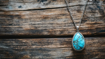 Beautiful turquoise pendant necklace displayed on rustic wooden surface. The necklace showcases intricate details and vivid colors, perfect for fashion enthusiasts.の素材