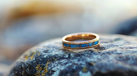 This elegant gold ring featuring beautiful blue stone detail rests on a rustic rock, creating a stunning contrast in natural light. Perfect for jewelry enthusiasts.の素材