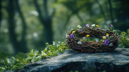 A captivating nest made of twigs adorned with vibrant wildflowers rests on a stone amidst a lush green forest, evoking tranquility and natural beauty.の素材