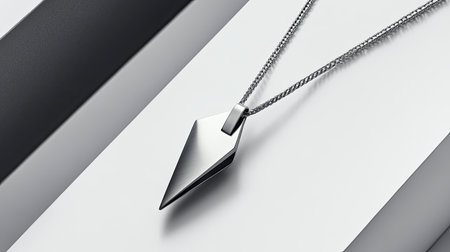 A striking silver pendant necklace showcases modern elegance, resting on sleek geometric surfaces, perfect for jewelry enthusiasts seeking style and sophistication.の素材