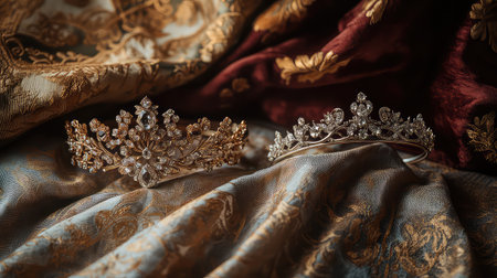Two exquisite tiaras rest atop elegant vintage fabric, showcasing intricate designs and rich colors, ideal for themes of luxury and royalty.の素材