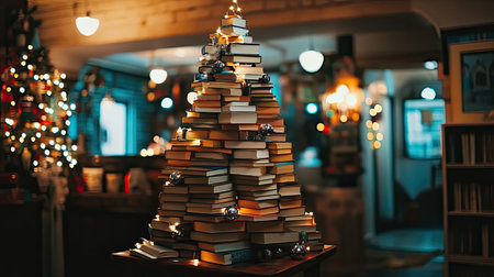 A cozy library features a unique Christmas tree made of stacked books, adorned with lights and ornaments, creating a warm festive atmosphere for holiday celebrations.の素材