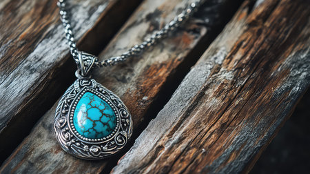 This elegant silver necklace features a stunning turquoise stone, beautifully crafted with intricate details, resting on a textured wooden surface. Perfect for jewelry lovers.の素材